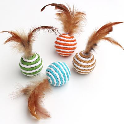 China Stocked Tureda Cat Toy Sisal Rope Weave Ball Golf Ball With Feather Cat Scratch Training Balls Interactive Teaser Toys Pet Pet Products for sale