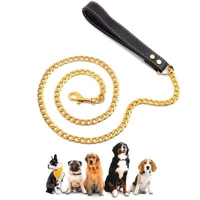 China Stocked Tureda Manufacturer Metal Dog Lead Stainless Steel Chain 18K Gold Pet Leash with Leather Handle Training For Medium Large Dog for sale