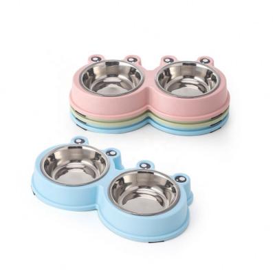 China Wholesale Viable Stainless Steel Big Eyed Pet Pattern Frog Cartoon Color Candy Bowl Cat Dog Food Bowl Double Dish Bowl for sale