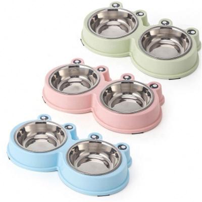 China Wholesale Viable Stainless Steel Big Eyed Pet Pattern Frog Cartoon Color Candy Bowl Cat Dog Food Bowl Double Dish Bowl for sale