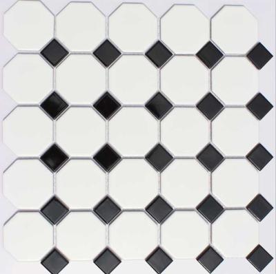 China Parquet Matt Black And White Octagonal Porcelain Mosaic Slab For Bathroom Flooring for sale