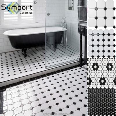 China Black And White Ceramic Flooring Octagonal Hexagon Mosaic Slab Porcelain Bathroom Floor Tiles for sale