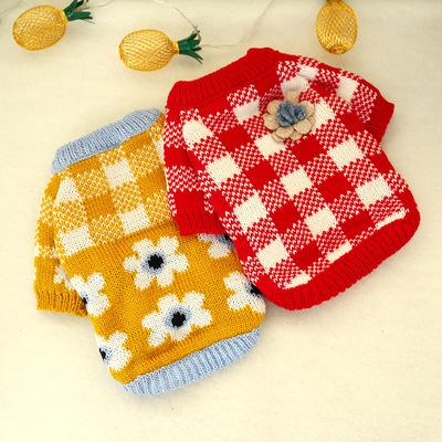 China Sustainable Small And Medium Dog Teddy Dog Clothing Pet Zss165 Warm Plaid Sweater With Flowers for sale