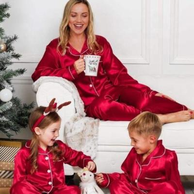 China Custom QUICK DRY Adult Family Christmas Kid Baby Christmas Ruffle Matching Silk Pajamas Set for sale