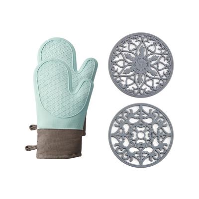 China Modern 4 Pcs Kitchen Cooking Heat Resistant Silicone Baking Oven Mitts Trivet Glove Set for sale