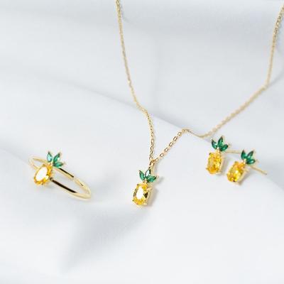 China TRENDY 925 Sterling Silver Yellow Cubic Zirconia Pineapple Shape Ring Pendant Necklace and Earrings Jewelry Set for Women for sale