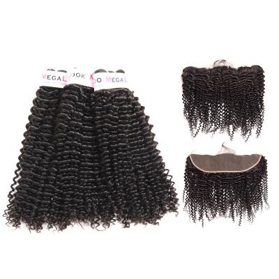 China Grade Virgin Curly 8A Peruvian Kinky Curly Hair Bundles And Pre Plucked Swiss Lace Frontal Closure Free Part for sale