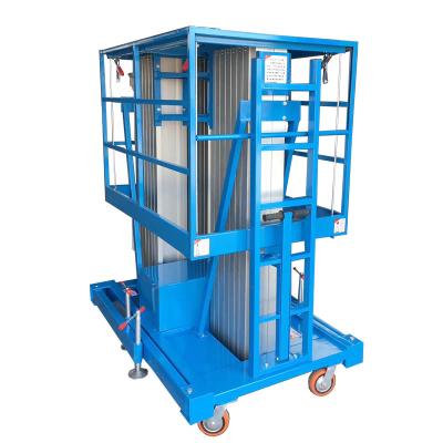 China 8m Rental Aluminum Low Noise Two Hydraulic Lift Adjustable 2 Mast Electric Battery Power Manual Man Aerial Work Platform Tilting Lift for sale