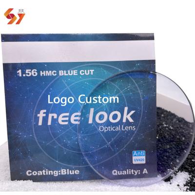 China Lens 1.56 Blue Coating Optical Lens Manufacturers Cr39 Logo Cut UV420 Hmc Single Vision Spectacle Optic Lenses Custom Lenses for sale