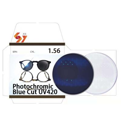 China 1.56 hmc photogrey block uv420 spectacle nits optics single lens photochromic blue optical lenses blue vision lens for sale