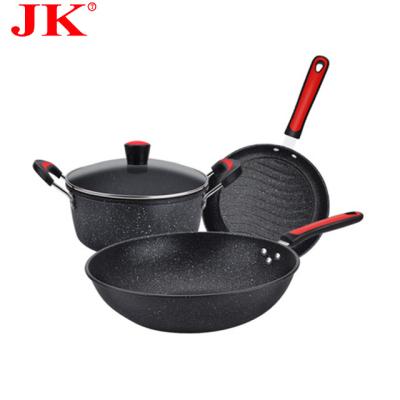 China Cheap Stocked Cookware Sets Stone Pot Three Piece Household Flat Bottom Gift Set Nonstick Cookware Pot Complete Kitchen Set for sale