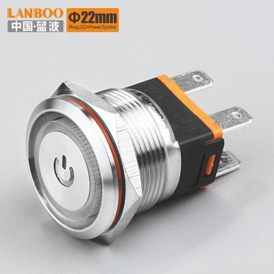 China LANBOO 22mm Stainless Steel 2NO Electrical Push Button Switch With Ring LED +Power Symbol LB22C-switch Push Button for sale