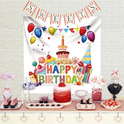 China Decorative Cloth Rectangle Peach Skin Novelty Happy Birthday Party Background Polyester Wall Hanging Home Tapestry for sale