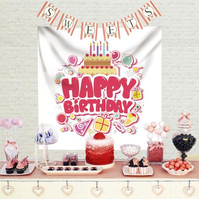 China Hot Sale Novelty Happy Birthday Party Background Polyester Peach Skin Decorative Fabric Rectangle Home Wall Hanging Tapestry for sale