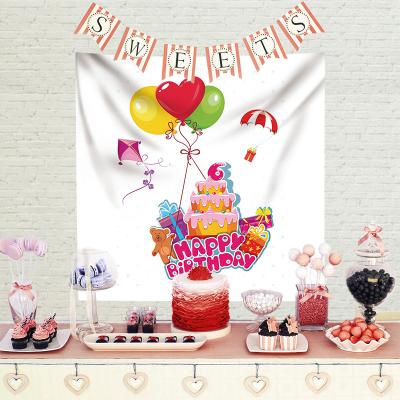 China Decorative Fabric Rectangle Peach Skin Novelty Happy Birthday Party Background Polyester Wall Hanging Home Tapestry for sale