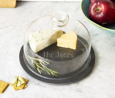 China Wholesale Viable Dia20*0.5cm Round Black Slate Cheese Board With Glass Dome Cover for sale