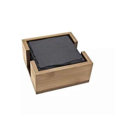 China 10*10*0.5cm Round Edge Square Black Slate Coaster Stone Cut Corner Cup Mat With Wooden Holder Handmade Viable Wholesale for sale