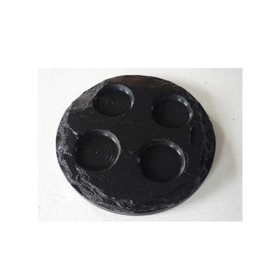 China Nice Dia23*2cm Round Mushroom Edge Slate Black Handmade Cheap Oiled Black Round Candle Holder With 4 Notches With Eva Feet for sale