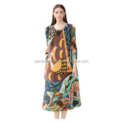 China Sustainable fashion color painting oversized women's dress 2024 spring round neck long sleeved A-line skirt for sale