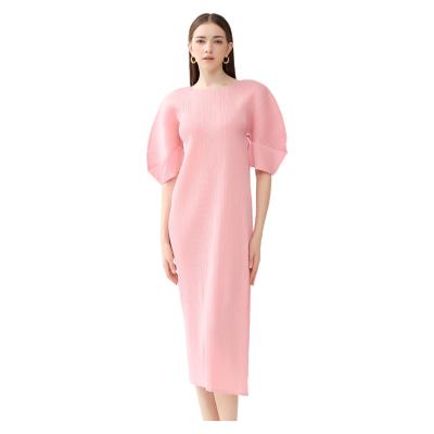 China Sustainable Luxury Women's Folding Sleeves Dress Solid Pleated Mid-Length A-Line Skirt Slim Fit round Neck Casual for Summer & Spring for sale