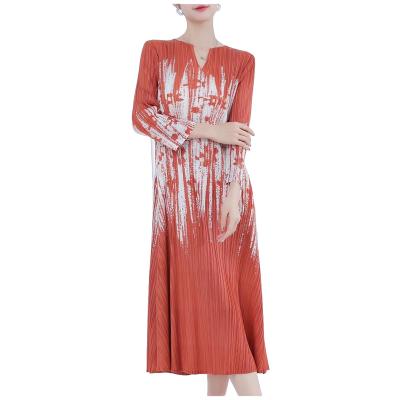 China Anti-wrinkle New Spring Women's A-Line Dress V-Neck 3/4 Cuff Mid Midi Length Empire Waist Breathable Crepe Fabric Sequined Decoration for sale