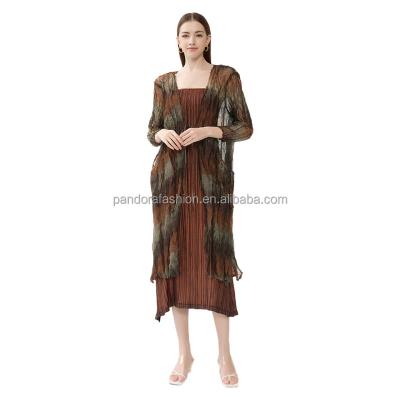 China Anti-pilling 2024 Spring Two Piece Set Long Sleeve multi Coat sexy stripe Casual Pleated Dress for sale