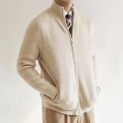 China Simple Warm Men's Casual Solid Color Long Sleeve Shirt Sweater Retro Anti-wrinkle Style Collar Zippered Bottom Cardigan for sale