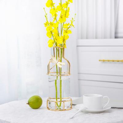 China New Arrival Table Top Tall Glass Vase With Alloy Frame Home Decoration Pieces In Stock for sale