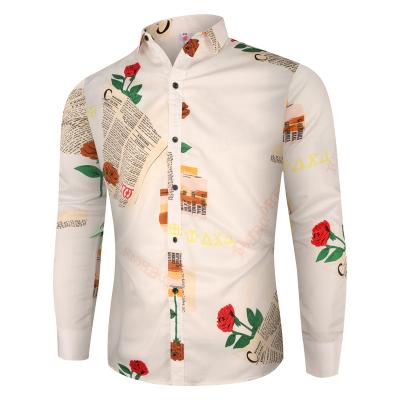 China Rose Flower Print Slim Fit Plus Size Men's Anti-pilling Shirts Loose Long Sleeve Floral Print Causal Shirt for sale