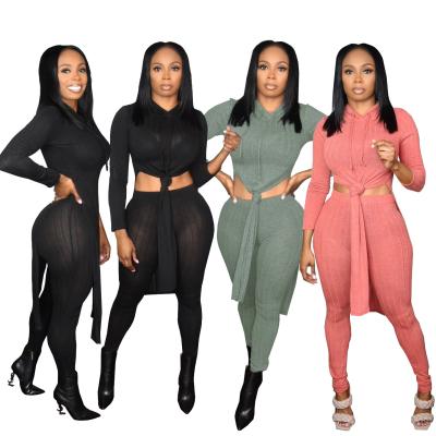 China Women's Solid Color Personality Dovetail Fashion Hooded Pit Strip Two-Piece Suit QUICK-DRY Irregular Long Ribbed Set for sale