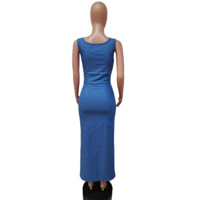 China 2021 Ladies Summer Breathable Low Cut Long V Neckline Modest Dresses Summer Women Maxi Dresses Sleeveless Deep Denim for sale