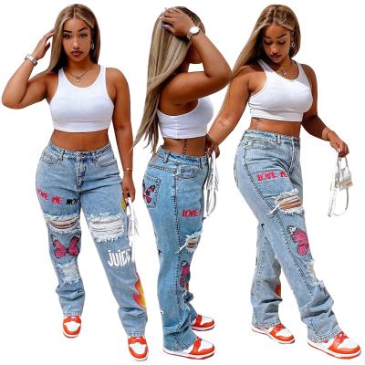 China 2022 New Arrival QUICK DRY Women Fashion Blue Butterflies Ripped Distressed Graphic Stylish Jeans Pants for sale