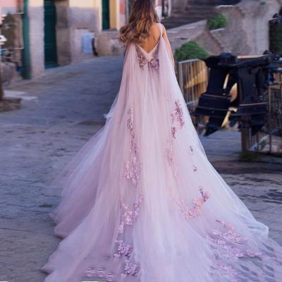 China Boho 2021 Dry Cleaning Wedding Dress 3D Flowers Light Purple Beach Bride Dresses Backless Puff Tulle Wedding Dresses Floor Length Long Train for sale