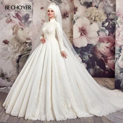 China Muslim Dry Cleaning Beaded Appliques Long Sleeve Wedding Dress BECHOYER 2 in 1 Ball Gown Detachable Princess Bride Gown Vestido de Noiva AX36 for sale