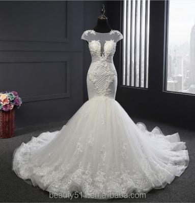 China Exquisite High Neckline Short Sleeve SCOOP Dry Cleaning Grade Full Skirt Bridal Gown Strapless Wedding Dress TS226 for sale