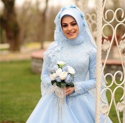 China Bule Muslim Bridal Wedding Dress Anti-wrinkle Lace Up Long Sleeve Ball Gown Bridal Dress In Turkey Istanbul For Wedding Brand Long Wedding Dress for sale