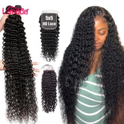 China 40 Inch Brazilian Raw Cheap Wholesale Barely Shedding Thick Soft Soft Remy Extension Deep Wave Bundles With 5x5 HD Lace Closure Curly Hair Bundles Closure for sale