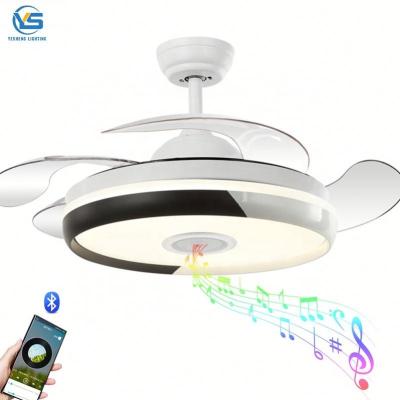 China Modern Modern Retractable LED Ceiling Fan Light with Bluetooth Speaker 42 Inch Light Remote Control Fans for Home Ceiling Fan 110v 220v for sale