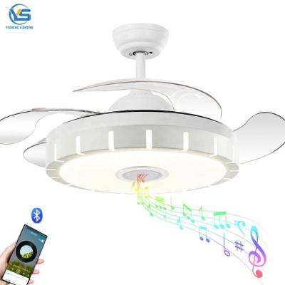 China Modern Modern Retractable LED Ceiling Fan Light with Bluetooth Speaker 42 Inch Light Remote Control Fans for Home Ceiling Fan 110v 220v for sale