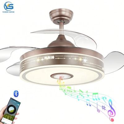 China Modern Ceiling Fan With LED Light 36W 110v DC Motor Nickel With Speaker 3 Color With Memory Retractable Blades 6 Speeds Remote Control for sale