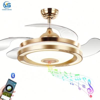 China Modern Ceiling Fan With LED Light 36W 110v DC Motor Nickel With Speaker 3 Color With Memory Retractable Blades 6 Speeds Remote Control for sale