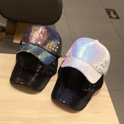 China breathable & Waterproof Korean Casual Shiny Baseball Cap Hats Women Fashion Pearl Sequin Mesh Beanies Wholesale Hat for sale