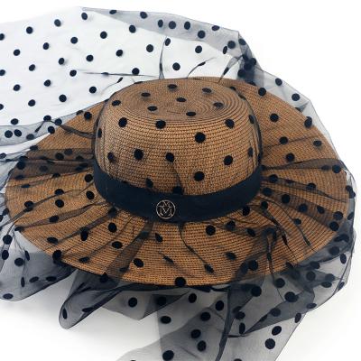 China Large Striped Ladies Straw Hat Lace Mesh Polka Dot Hat Summer Beach Sun Brim Hat for sale