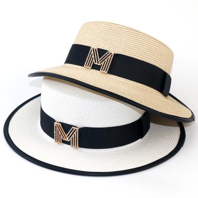 China Wholesale New Fashion Striped Hat Letter Beach Bucket Hat Adjustable Women Sun Straw Hats for sale