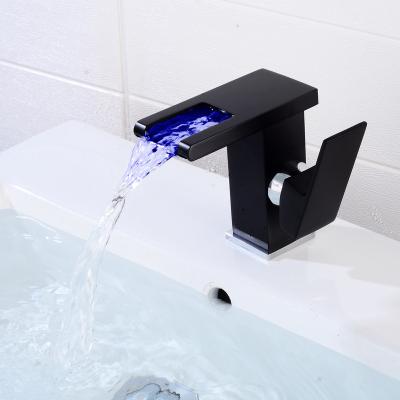 China Thermostatic Faucets Hydropower LED 3 Color Bathroom Deck Mounted Modern Style Waterfall Faucet Black Brushed Cold And Hot Waterfall Faucet Waterfall Faucet for sale