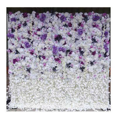 China Fabric back + white purple hanging curtain 8ft x 8ft flower wall panel high simulation artificial rose flower 3d for sale