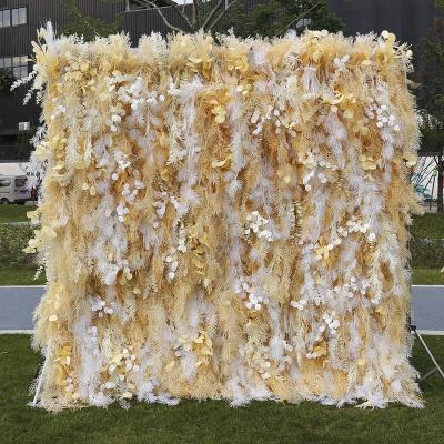 China Fabric Back + High Simulation Flower Customized Silk Frost Pampas Fabric 3d Yellow Artificial Flower Wall Decor Wholesale for sale