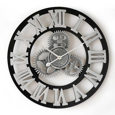 China Wooden Wall Clock 40cm Nordic Silent Metal Mechanism Gear 3d Roman Decoration Vintage Industrial Antique Style Craft Watch for sale