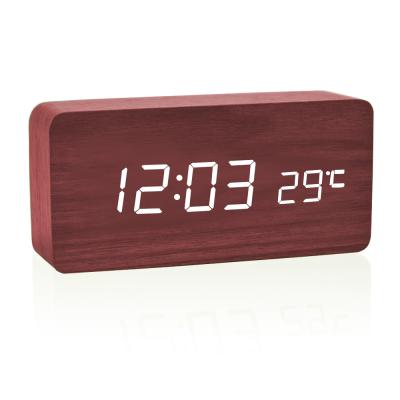 China Calendars Classic Alarm Clocks Rectangle Table Smart Multifunctional White Wooden Digital LED Clock With Thermometer for sale