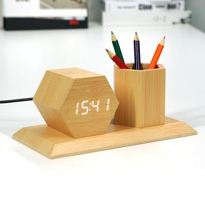 China CE RoHS Antique Electronic Storage Desk LED Student Home Style Digital Wood Decorative Desk Alarm Clock with Pen Holder for sale